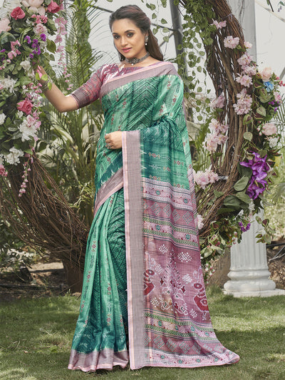Odette Women Soft Silk Sea Green Printed Saree With Unstitched Blouse
