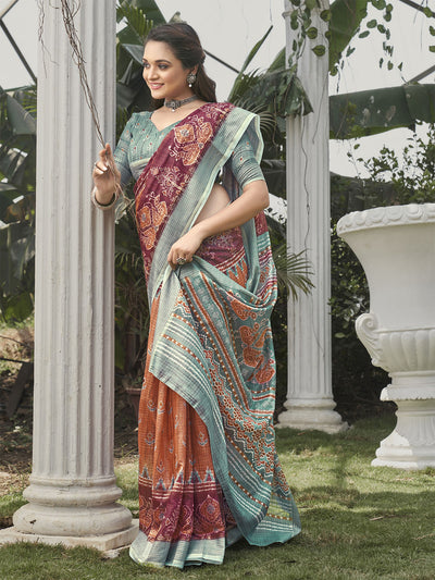 Odette Women Soft Silk Orange Printed Saree With Unstitched Blouse