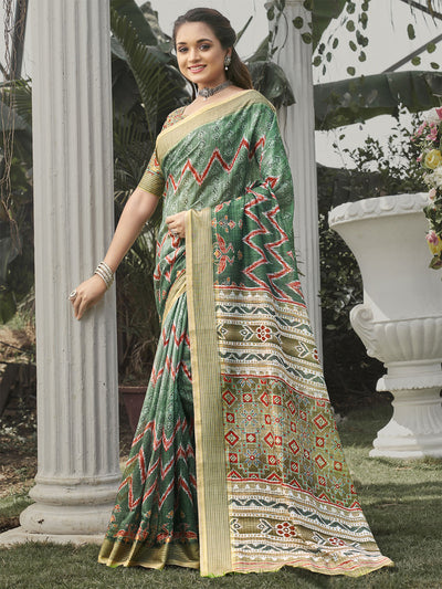 Odette Women Soft Silk Green Printed Saree With Unstitched Blouse