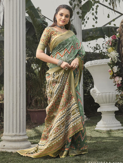 Odette Women Soft Silk Green Printed Saree With Unstitched Blouse