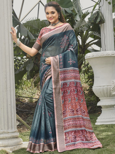 Odette Women Soft Silk Teal Blue Printed Saree With Unstitched Blouse