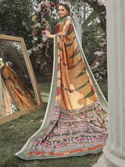 Odette Women Soft Silk Mustard Printed Saree With Unstitched Blouse