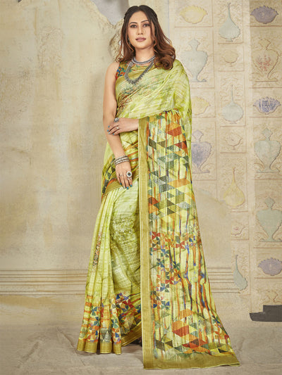 Odette Women Soft Silk Olive Printed Saree With Unstitched Blouse