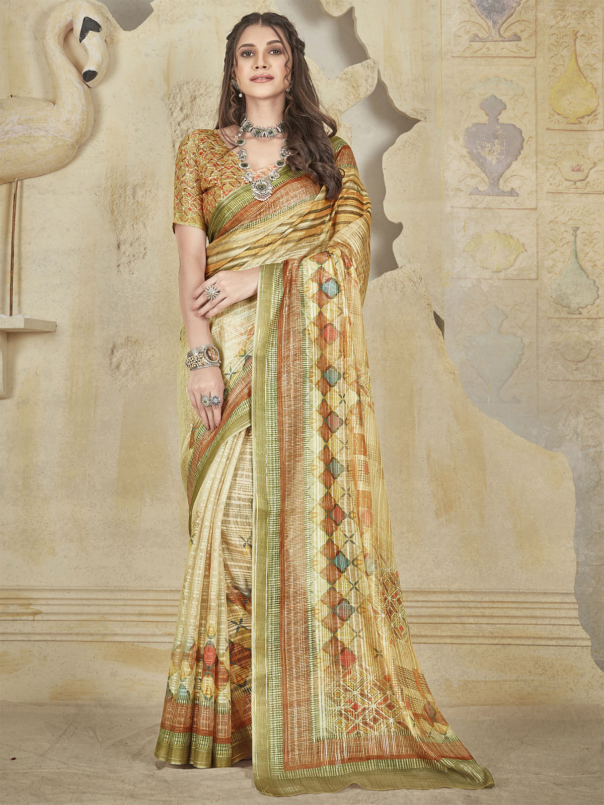 Odette Women Soft Silk Beige Printed Saree With Unstitched Blouse