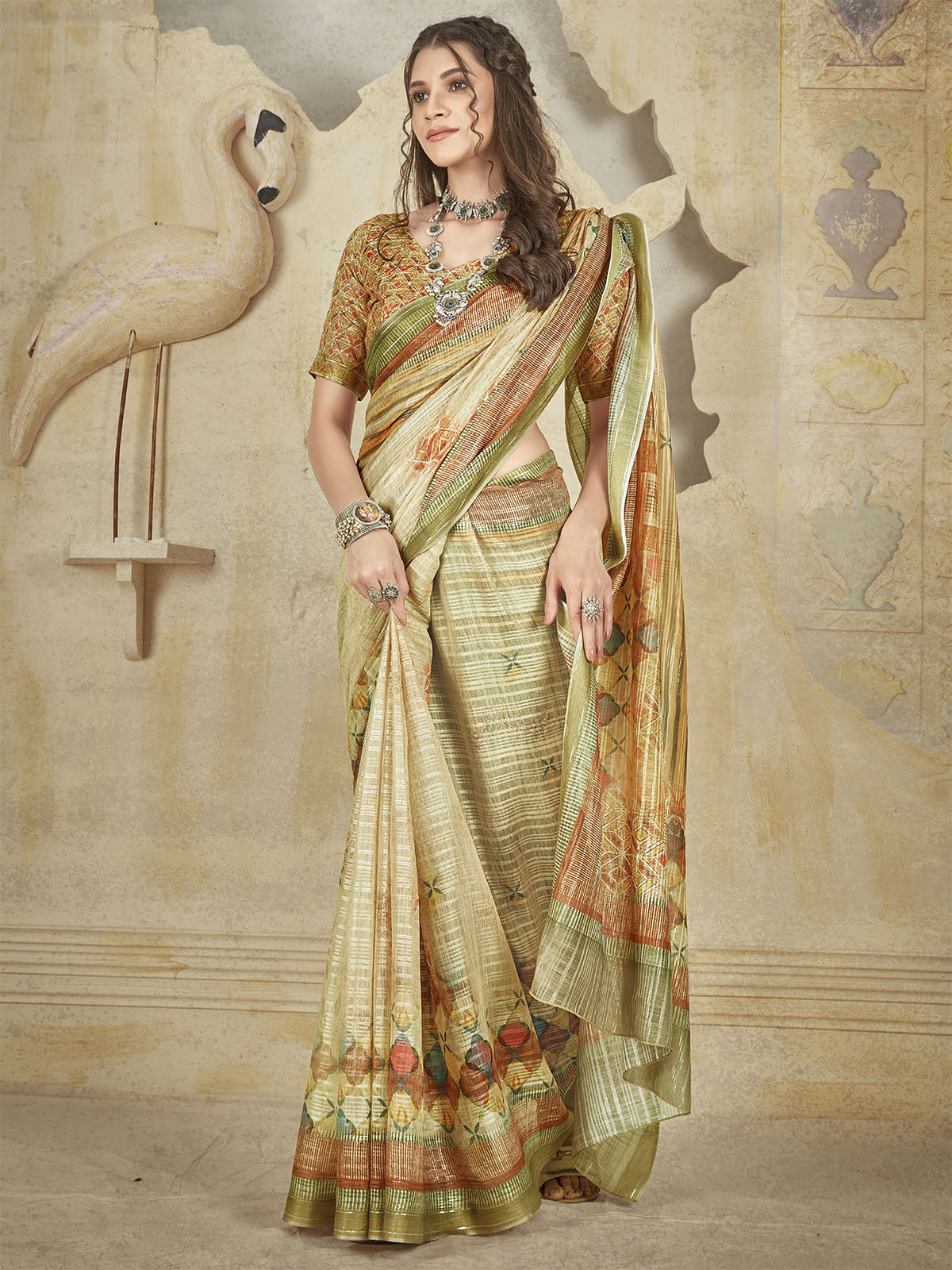 Odette Women Soft Silk Beige Printed Saree With Unstitched Blouse