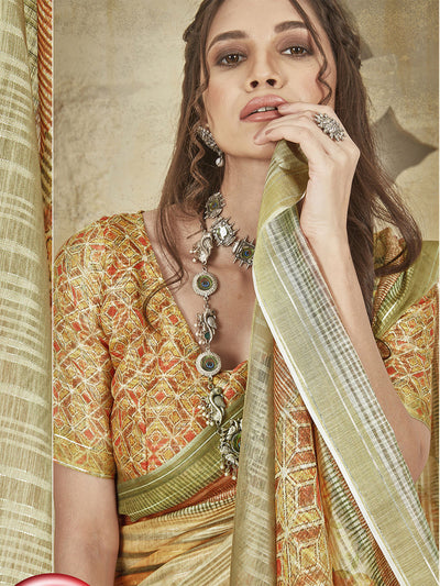 Odette Women Soft Silk Beige Printed Saree With Unstitched Blouse