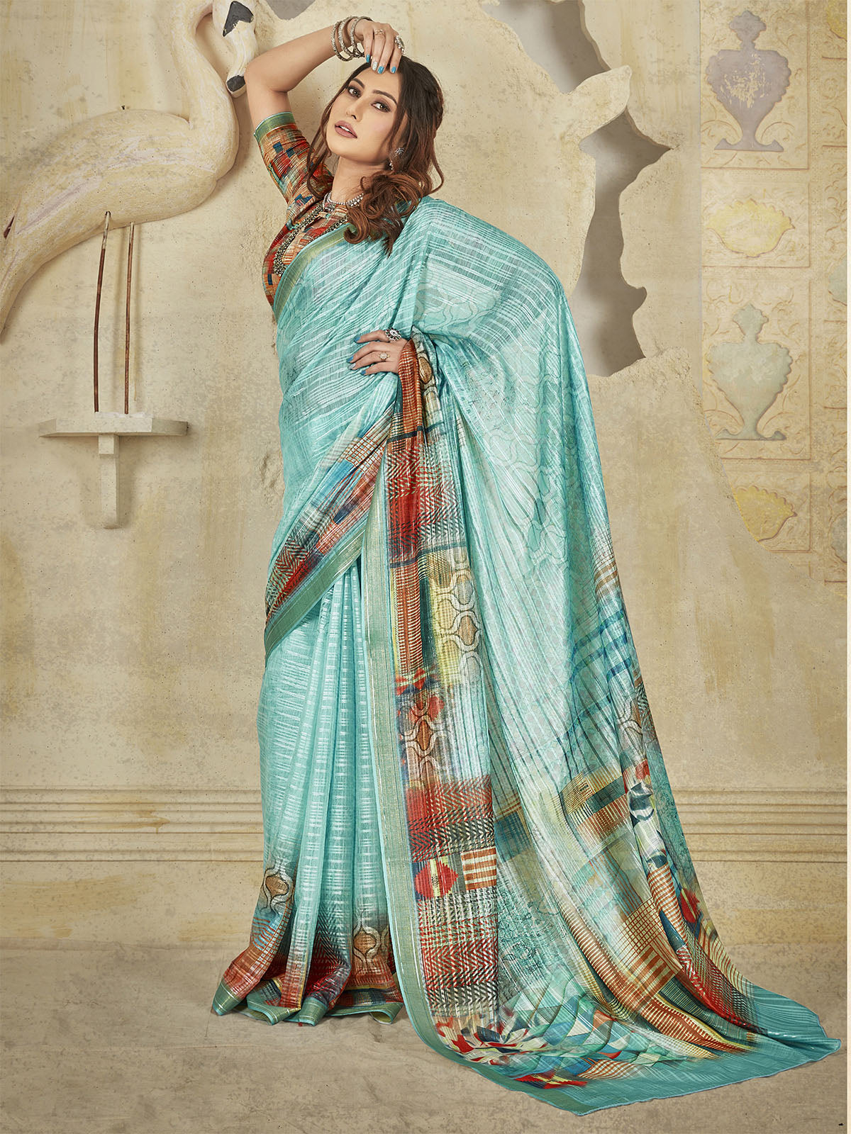Odette Women Soft Silk Blue Printed Saree With Unstitched Blouse