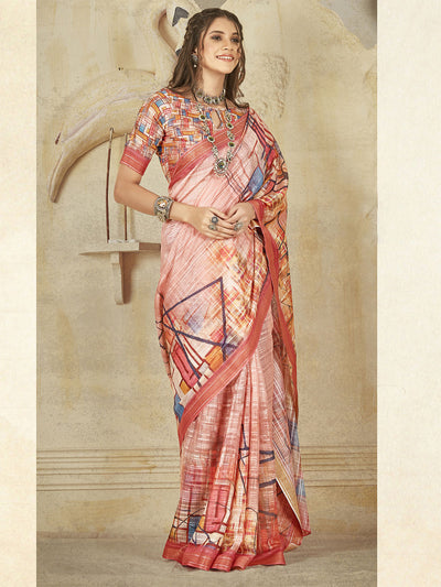 Women'S Soft Silk Peach Printed Saree With Unstitched Blouse