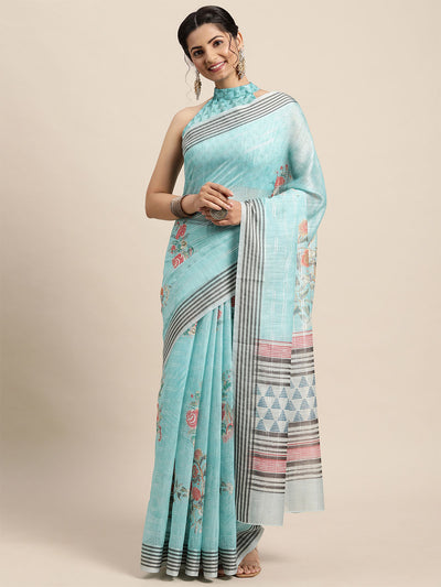 Women'S Soft Silk Sea Green Printed Saree With Unstitched Blouse