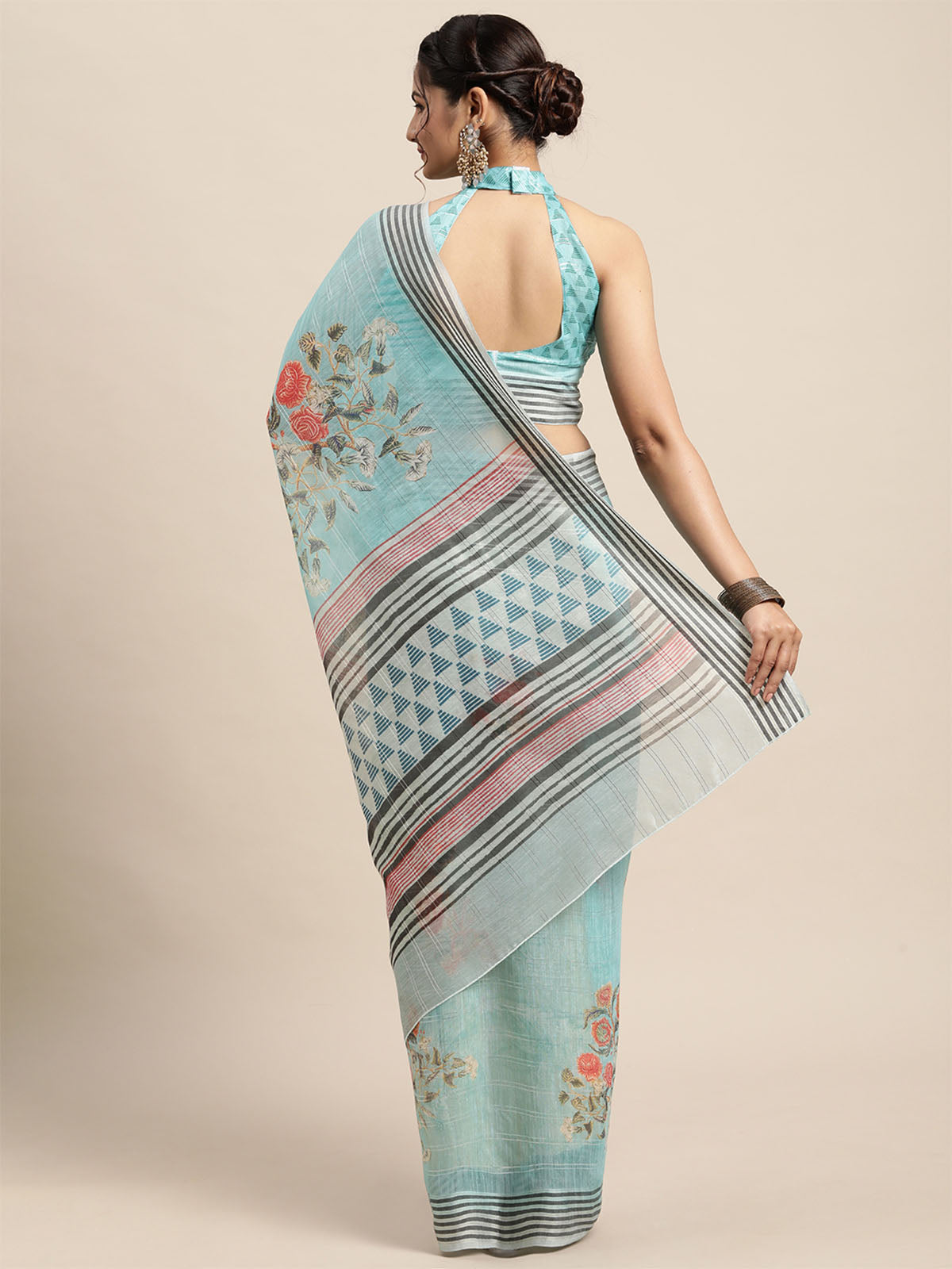 Women'S Soft Silk Sea Green Printed Saree With Unstitched Blouse