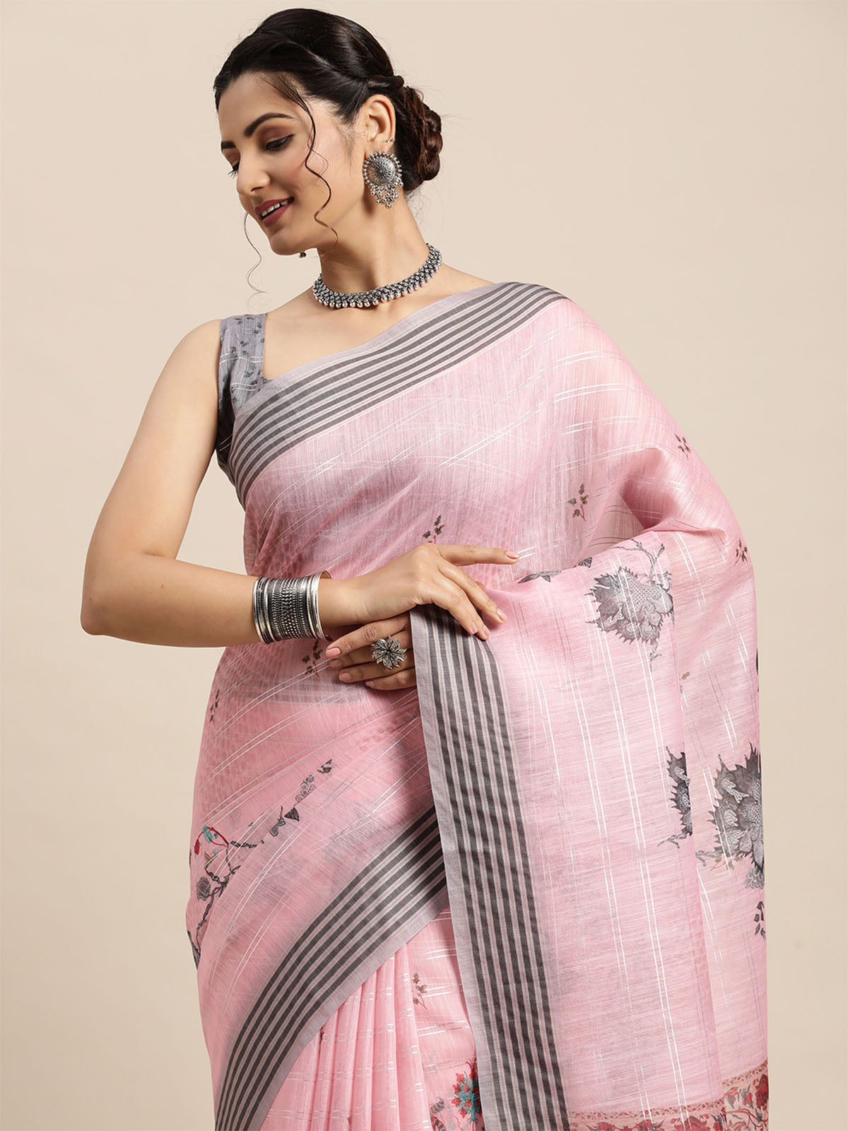 Women'S Soft Silk Pink Printed Saree With Unstitched Blouse