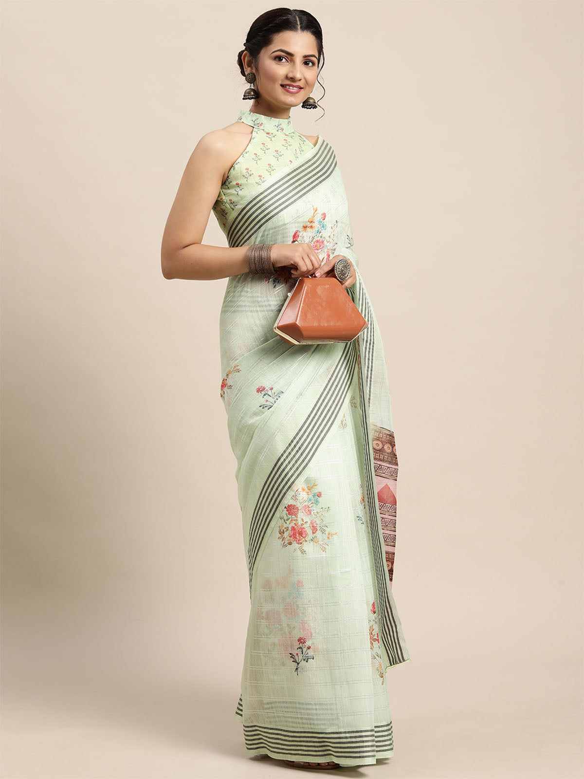 Odette Women Soft Silk Green Printed Designer Saree With Unstitched Blouse