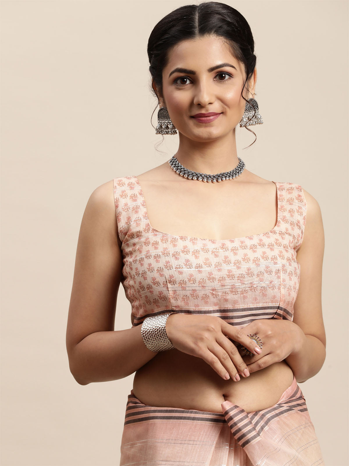 Women'S Soft Silk Cream Printed Designer Saree With Unstitched Blouse