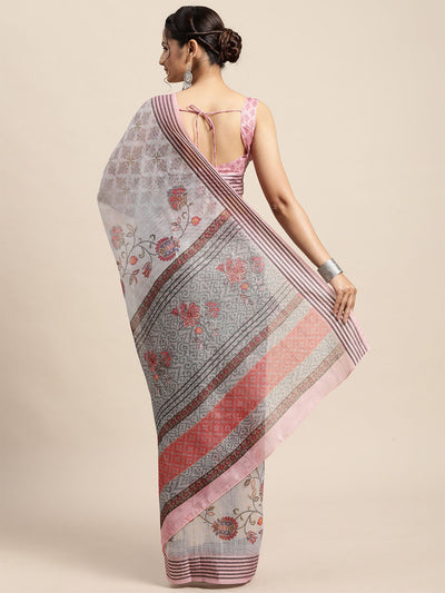 Odette Women Soft Silk Grey Printed Designer Saree With Unstitched Blouse