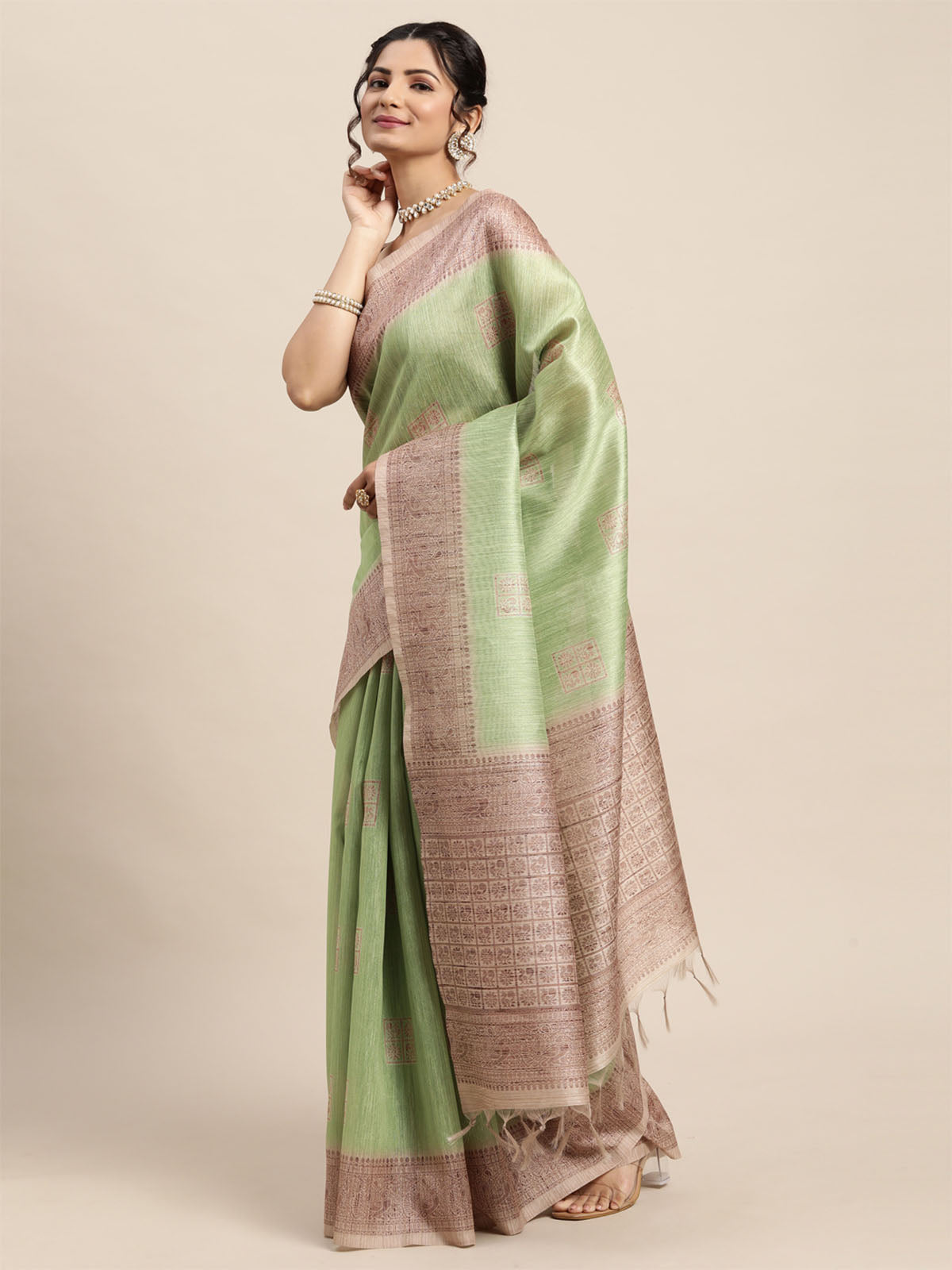 Women'S Silk Blend Green Printed Designer Saree With Unstitched Blouse