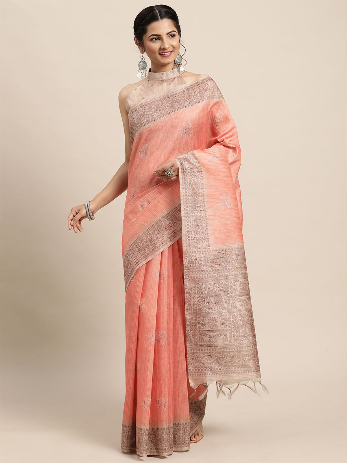 Odette Women Silk Blend Peach Printed Designer Saree With Unstitched Blouse