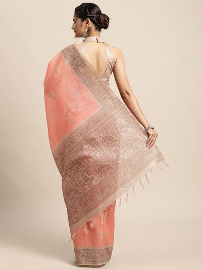 Odette Women Silk Blend Peach Printed Designer Saree With Unstitched Blouse