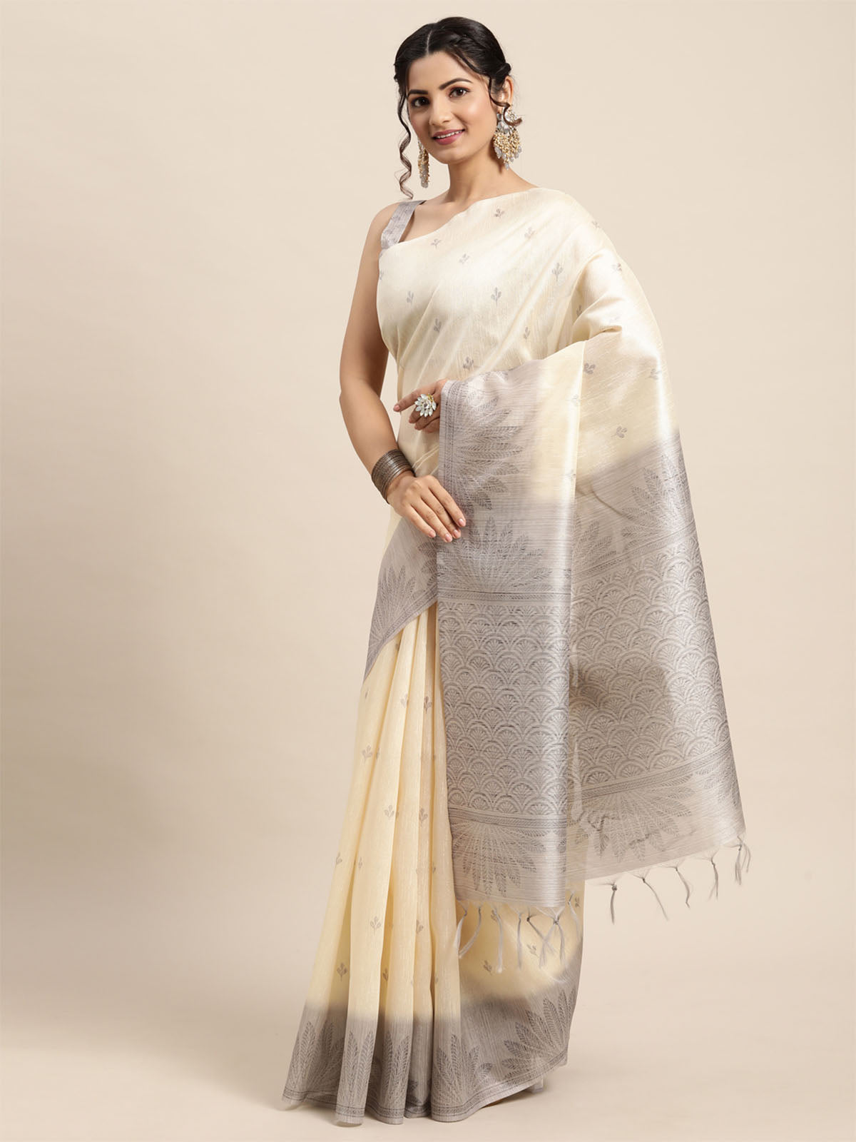 Women'S Silk Blend Off White Printed Designer Saree With Unstitched Blouse