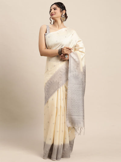 Women'S Silk Blend Off White Printed Designer Saree With Unstitched Blouse