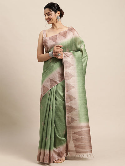 Women'S Silk Blend Green Printed Designer Saree With Unstitched Blouse