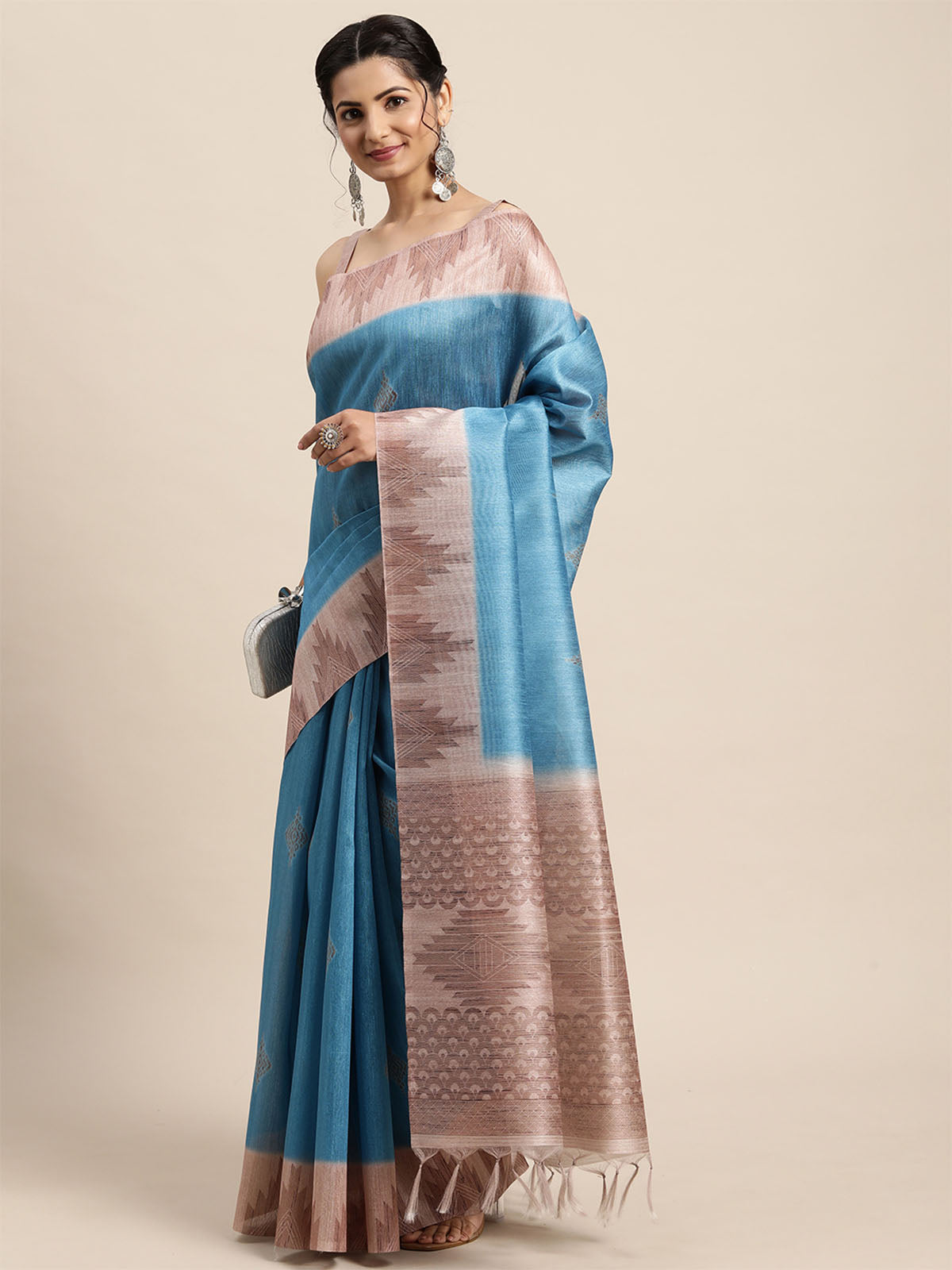 Odette Women Silk Blend Blue Printed Designer Saree With Unstitched Blouse