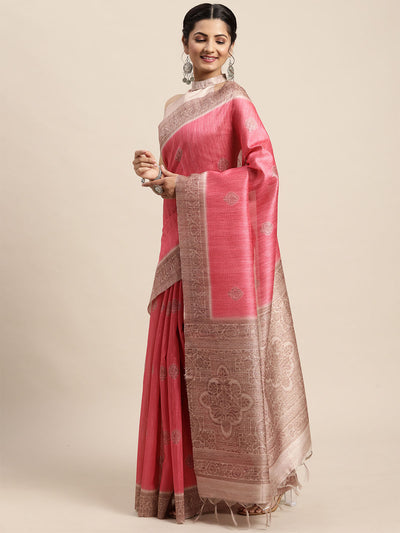 Odette Women Silk Blend Pink Printed Designer Saree With Unstitched Blouse