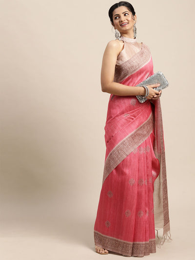 Odette Women Silk Blend Pink Printed Designer Saree With Unstitched Blouse