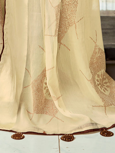 Odette Women Silk Blend Off White Embellished Designer Saree With Unstitched Blouse