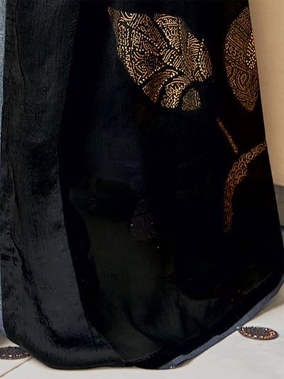 Odette Women Silk Blend Black Embellished Designer Saree With Unstitched Blouse