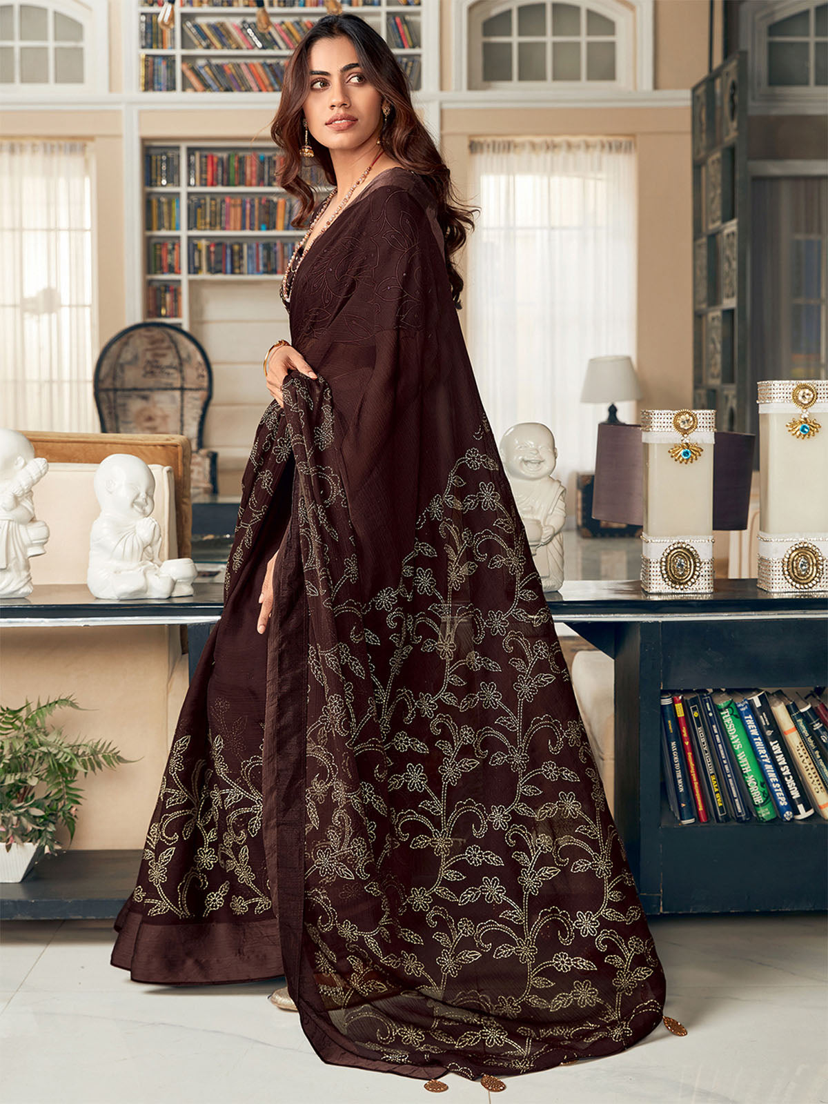 Odette Women Silk Blend Brown Embellished Designer Saree With Unstitched Blouse
