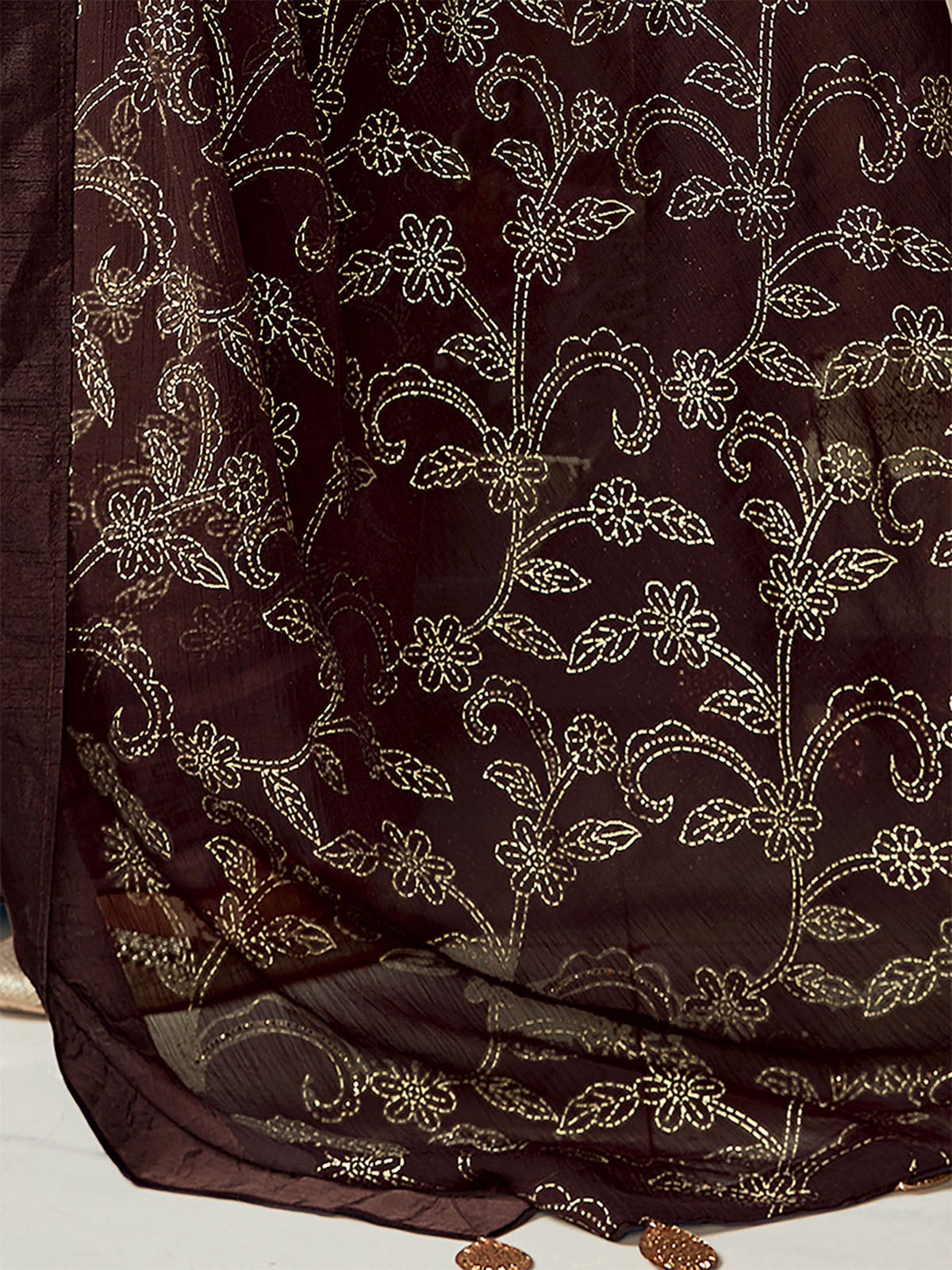 Odette Women Silk Blend Brown Embellished Designer Saree With Unstitched Blouse