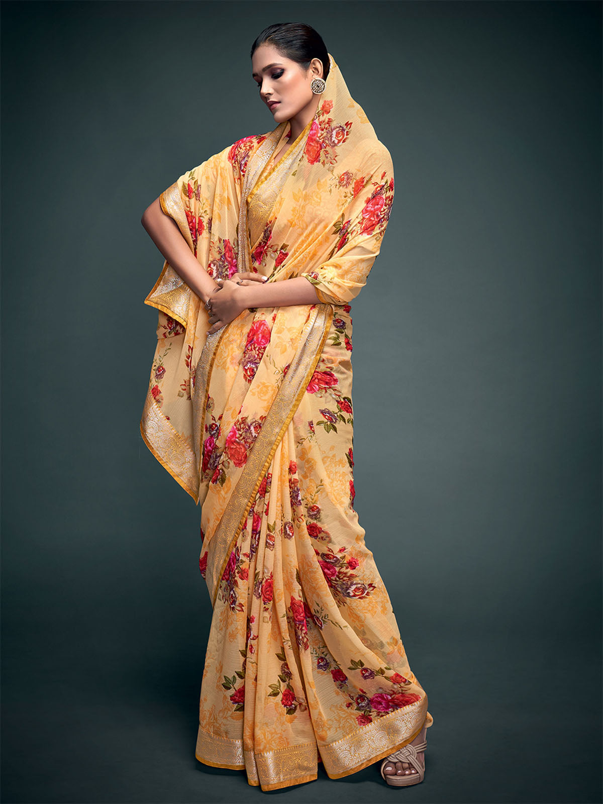 Women'S Georgette Yellow Printed Saree With Unstitched Blouse