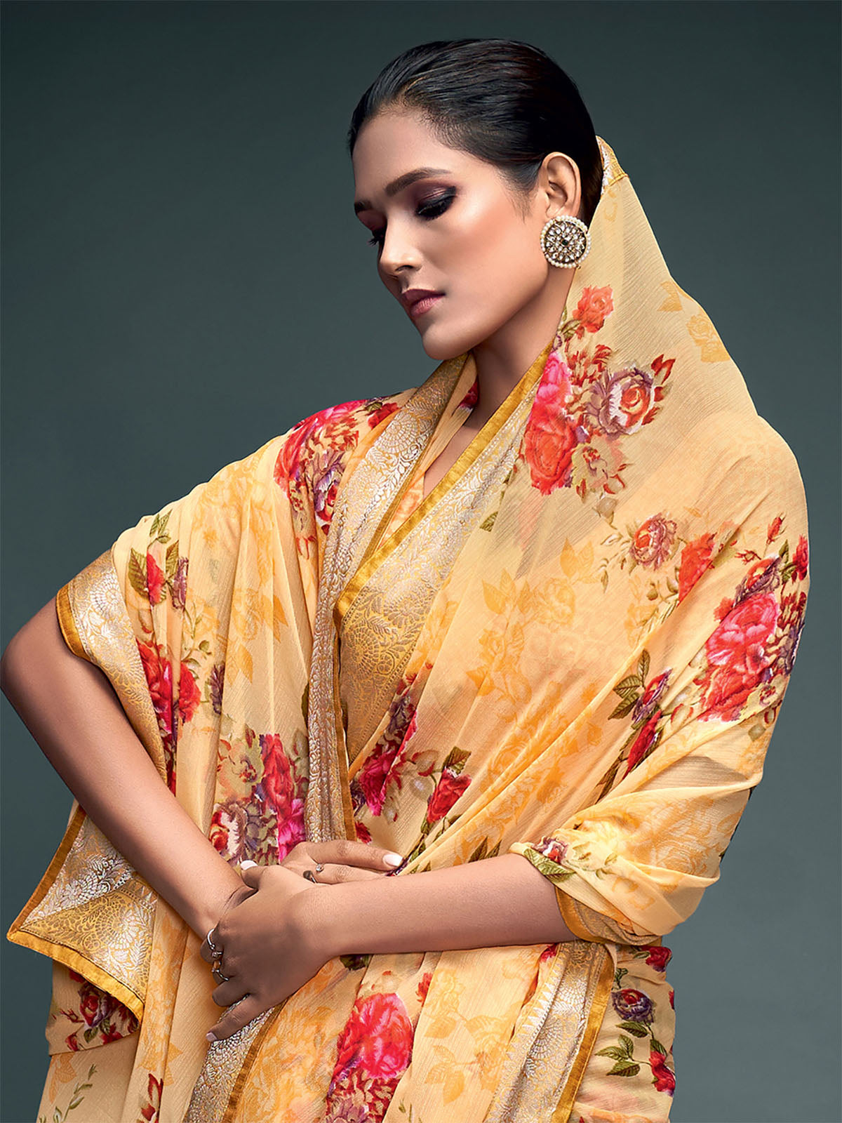 Women'S Georgette Yellow Printed Saree With Unstitched Blouse