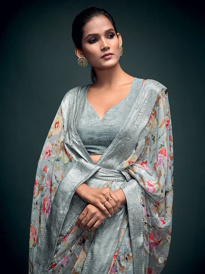 Odette Women Grey Georgette Printed Saree With Unstitched Blouse