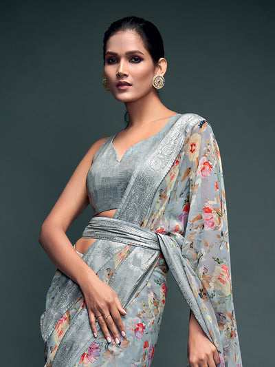 Odette Women Grey Georgette Printed Saree With Unstitched Blouse