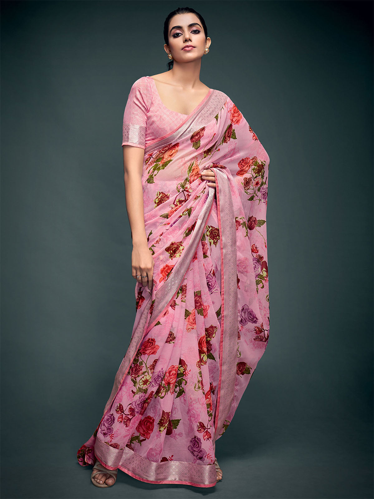 Odette Women Georgette Pink Printed Saree With Unstitched Blouse