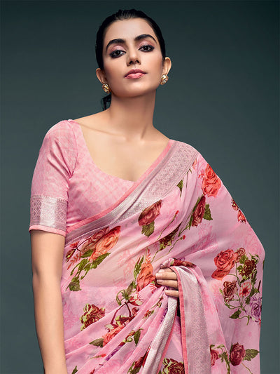Odette Women Georgette Pink Printed Saree With Unstitched Blouse