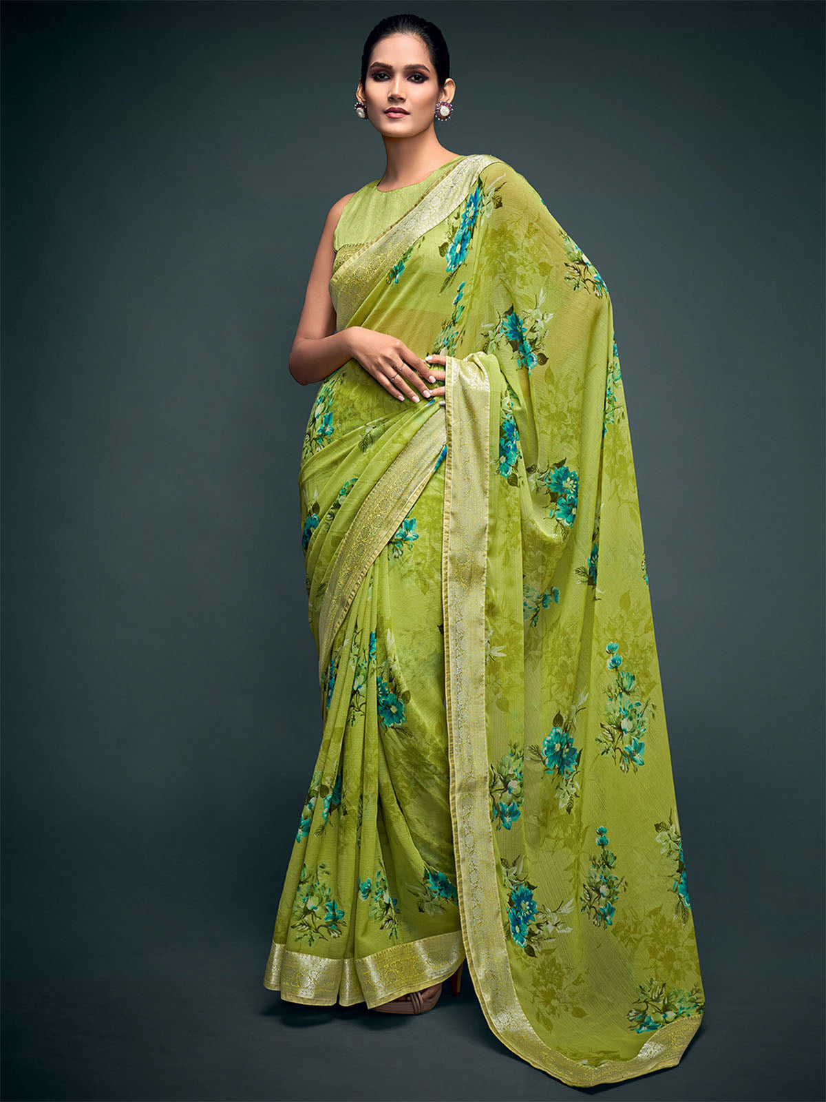 Women'S Georgette Light Green Printed Saree With Unstitched Blouse