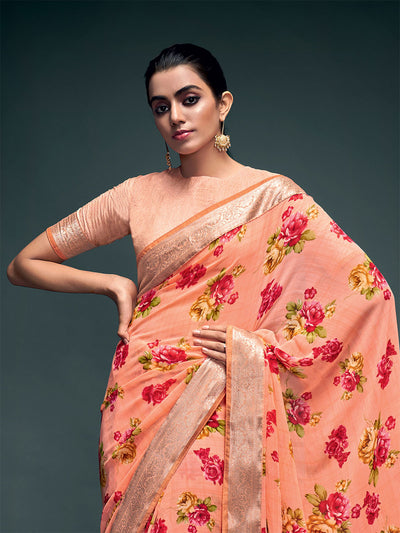 Odette Women Georgette Peach Printed Saree With Unstitched Blouse