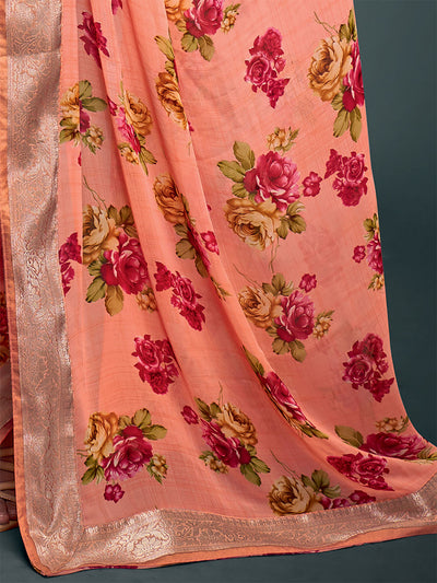 Odette Women Georgette Peach Printed Saree With Unstitched Blouse