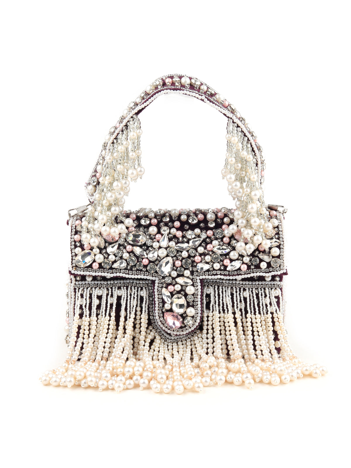 Violet Beaded Clutch Bag With Tassels