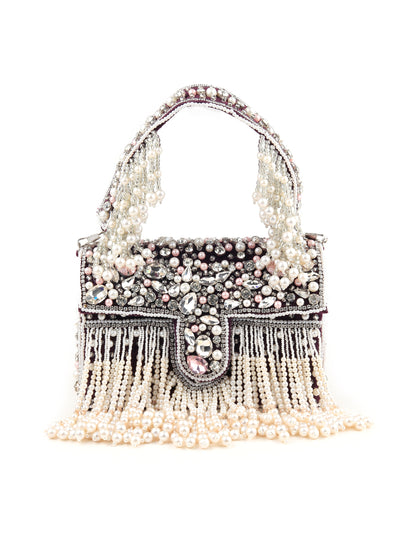 Violet Beaded Clutch Bag With Tassels