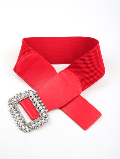 Odette Women Hi-Fashion Red Broad Elastane Embellished Belt