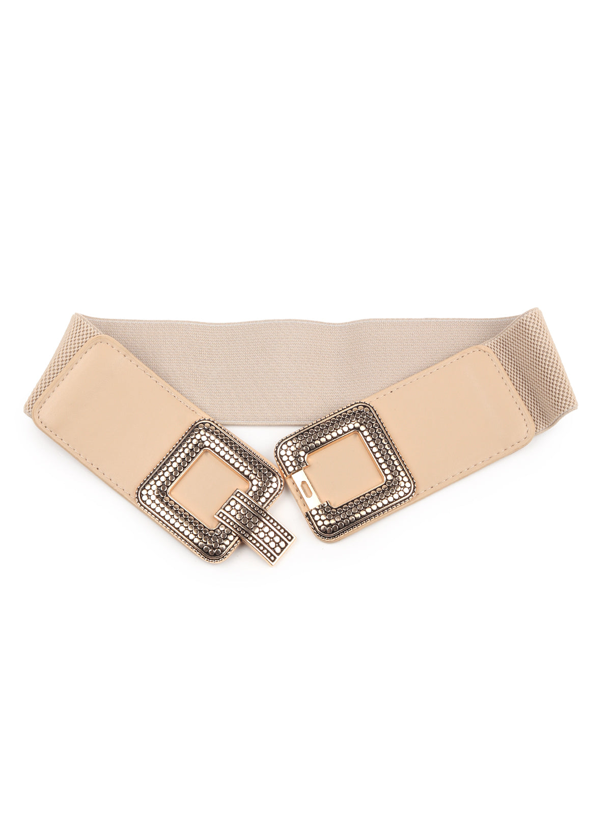 Beige Elastane & Faux Leather Embellished Belt