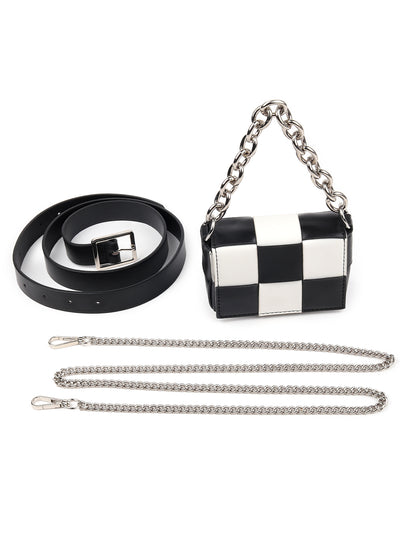 Odette Women Chequered Black And White Embellished Pouch Belt