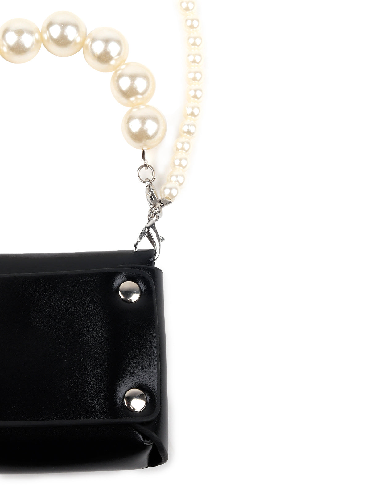 Odette Women Faux Stones Embellished Black Pouch With Pearl Belt