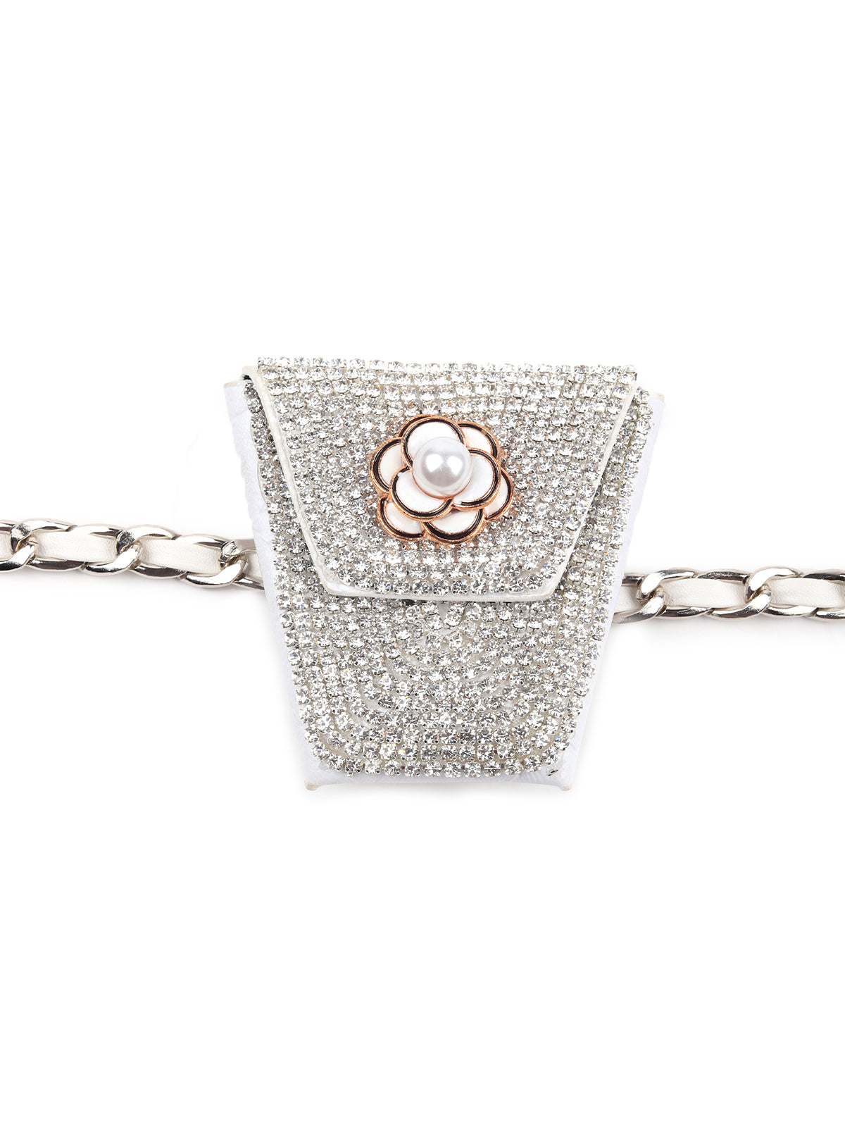 Sequins Embellished White Pouch With Belt