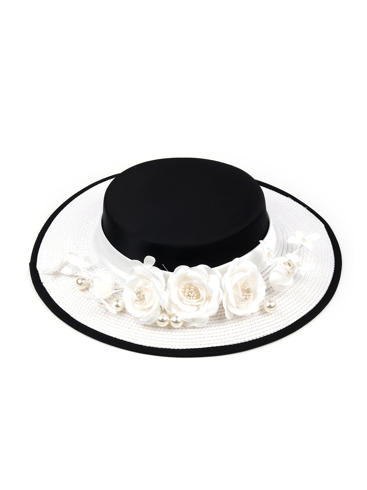 White and Black Flower Embellished Hat
