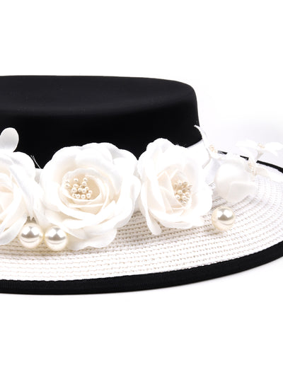 White and Black Flower Embellished Hat