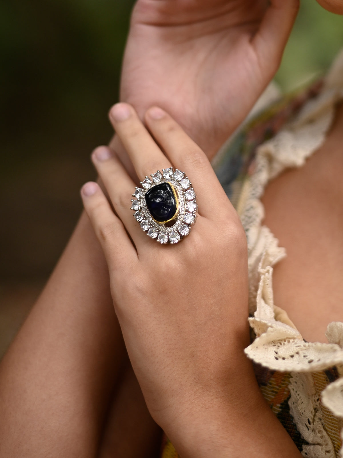 Odette Women Royal Ring Studded With Dark Blue Stone